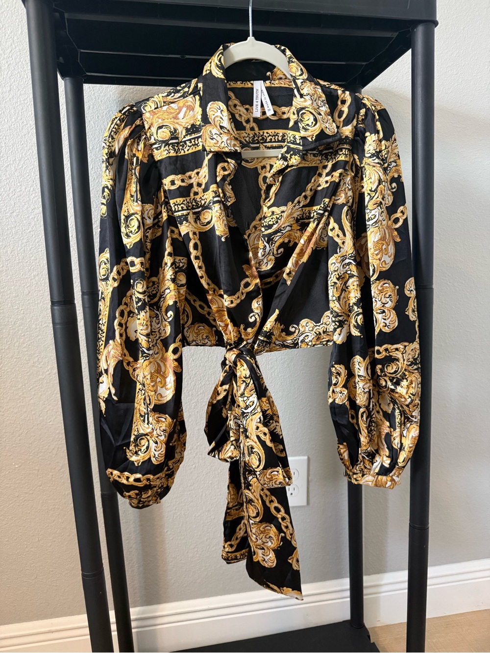 Live 4 Truth Black & Gold Chain-Print Tie Front Blouse